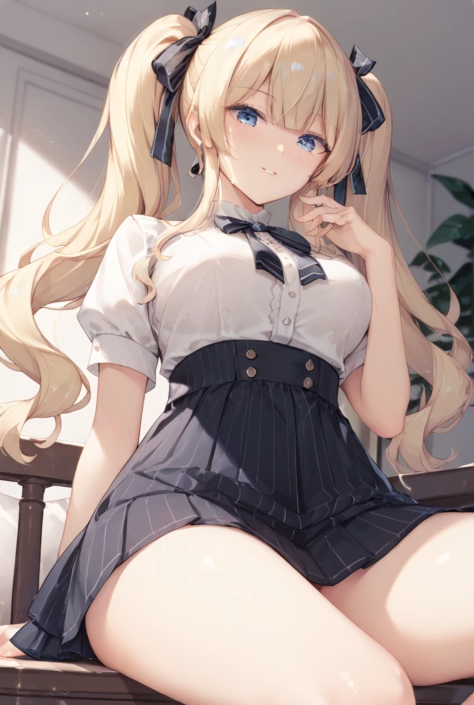 masterpiece, {{{{Highest quality}}}}, beautiful, 1girl, blonde_hair, facing at viewer,looking at viewer,{{(embarrassed)}}, {waitress}, skirt, garter belt, {{Restaurant}}, {{indoor}},