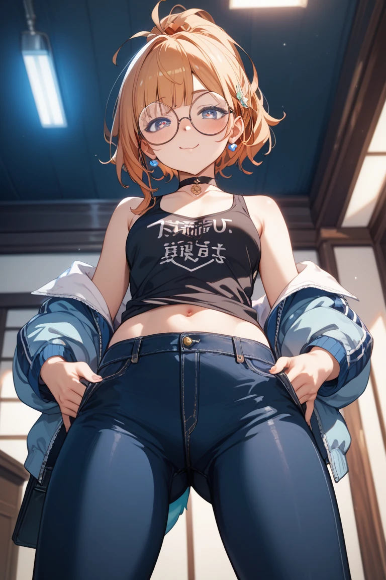 1girl, solo, yorigami jo'on, orange hair, drill hair, eyewear on head, orange eyes, earrings, looking at viewer, crowd, sitting, makeup, morden city, mole under mouth, colored inner hair, blue streaked hair, white streaked hair, bar, night city, T-shirt, Denim shorts, fishnet stockings, stockings, neon lights, sitting, spread legs, smile, open mouth, heart in eye