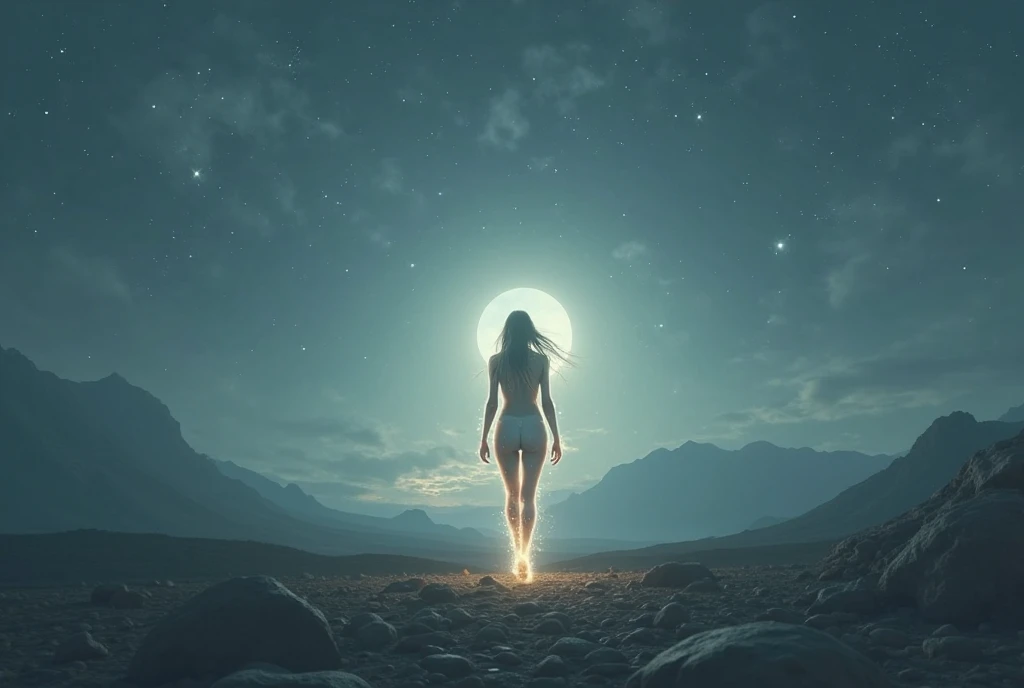 arafed woman standing on a beach with a full moon in the background, &Citation; Femme sur un rivage galactique, je regarde la pleine lune, debout au clair de lune, la nuit avec un clair de lune dramatique, Regarder la lune, au clair de lune, the moon behind her, devant une grande lune, la nuit au clair de lune, une fille regarde l&#39;espace