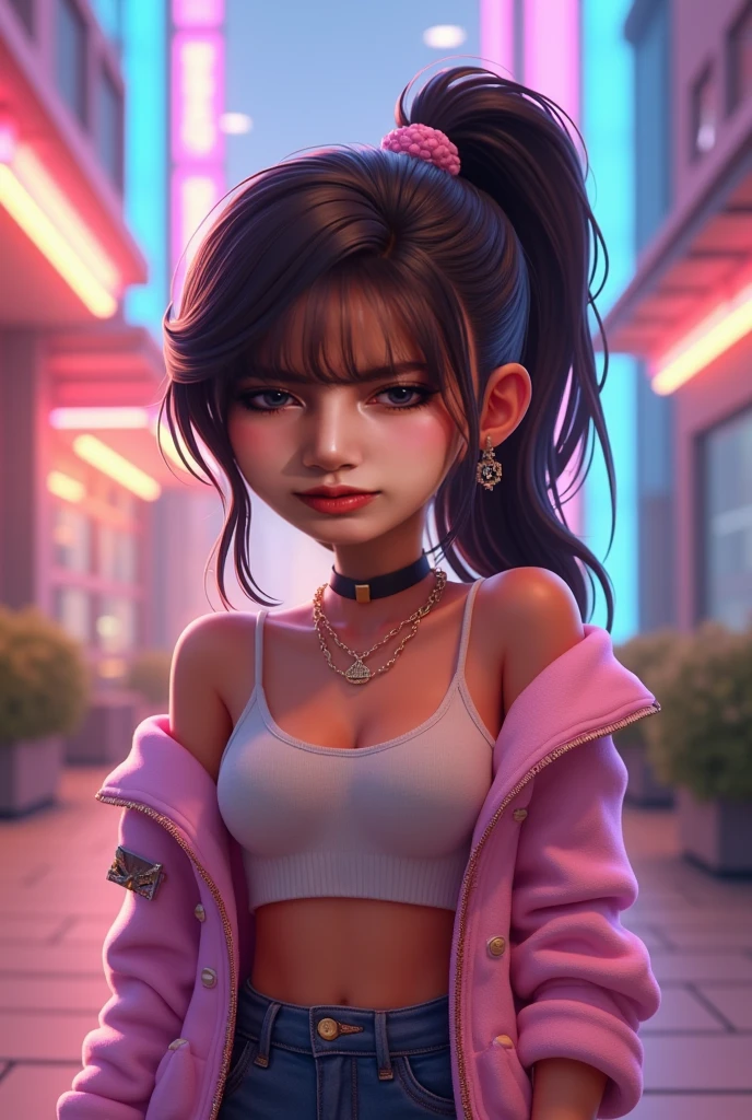 cute anime character girl, hot attractive sister, sticking tongue out, messy wavy long hair, brown skin, choker with heart pendant, round earrings, long nails, wearing loose baggy hip-hop fashion, attractive and seductive face, slutty, orgasm, make-up, superlative body proportion, indoors, heart effects, 2.5D, delicate and dynamic, graphic CG digital art