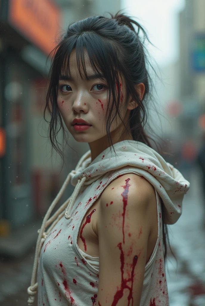 Short white t-shirt, Bloody.,  under a small t-shirt, Blood dripped down, Zombies chasing her, Zombies running after her, ใบหน้าBloody., เลือดบนclothesของเธอ, ตัวเล็กในชุดเสื้อสีขาวBloody., clothesBloody., Torn and dirty mini skirt, กระโปรงสั้นBloody.,  Blood on her bodyBloody., Blood dripped down, Zombies chasing her, Zombies running after her, ใบหน้าBloody., เลือดบนclothesของเธอ, Blood on her body, arafed american woman posing for a picture, beautiful american woman, Korean girl, Beautiful American woman, american woman, American female fashion model, Look sexy, small breast, long hair, sexy pose, Show your breasts. dark background, dark and rainy street the blurred nighttime, Blurred road in the background, nighttime, dark nighttime, City in Dogs, Dog Road, Rubble, smoke, destructionCity in Dogs, Dog Road, Rubble, smoke, destruction, rainy nighttime, shadow, dark alley, dawn, คติZombies, นักฆ่าZombies, Zombies, Not dead, Crowd of Zombies, monster, Film style: Local evil. (perfect skin, No blemishes or blemishes).  ((best quality, 8ก, Masterpiece: 1.3)), Point of interest: 1.2, perfect shape beautiful woman: 1.4, perfect breasts: 1.2, ((Layered haircut, Beautiful breasts: 1.2)), (real clothes textures: 1.1), (Smooth gesture), clothes: 1.1, Highly detailed facial and skin textures, Detailed eyes, Double eyelids, Bright skin, I'm real., “Imagine a character that radiates an aura of mystery and intrigue..  Her skin looks so realistic that every texture and shade stands out from the image., สะท้อนแสงและshadowได้อย่างลงตัว.  The skin should show a subtle color., from the warm tones of natural blush to the cool shadow under the eyes, Captures the intricate and beautiful details of human skin in full detail..  (Dark style with horror, Zombie Apocalypse style movie effects).