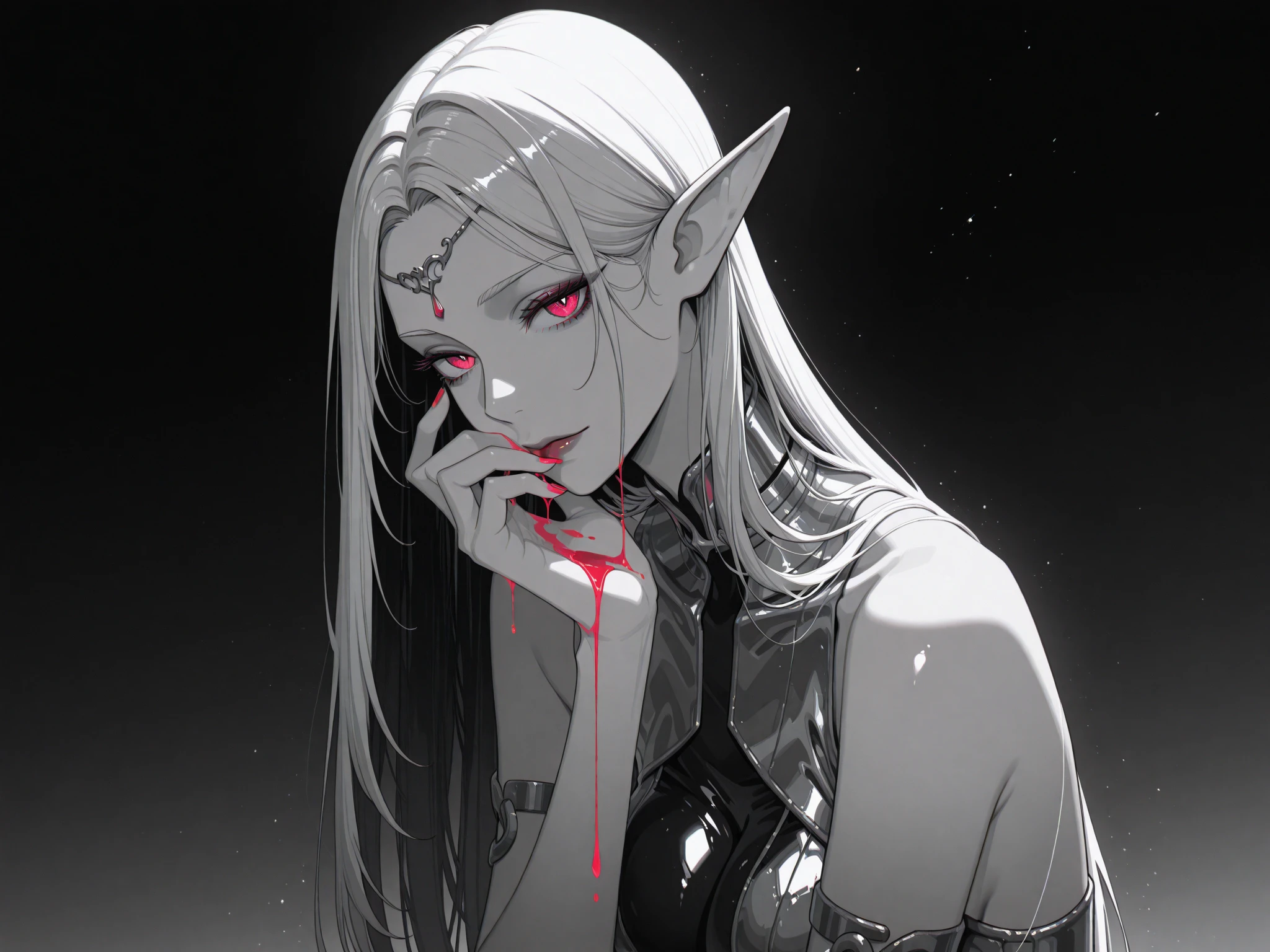 ((masterpiece,best quality)), absurdres, upper body, black background,
1girl, solo, long hair, looking at viewer, glowing blue eyes, blue hair, upper body, parted lips, pointy ears, from side, glowing red lips, eyelashes, white hair, blood, makeup, hair behind ear, vampire, blood from mouth