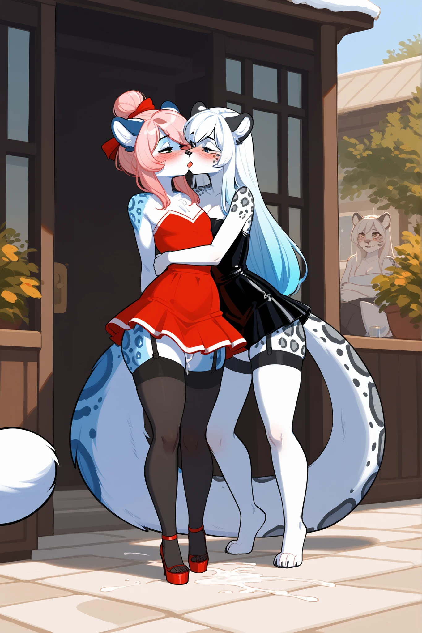 (2girls:1.2, duo, 1boy, 1penis:1.1), nsfw, (furry:1.4), (fluffy:1.6), (anthro:1.4), (snout:1.4), long hair, (large breasts:1.4), (multicolored hair:1.2), (gynomorph:1.4), (blush:1.2),  looking at viewer, snow, winter, forest, (cum:1.6), (choker), (garter belt), (both girls licking same big penis:1.6), (penis between breasts:1.4), (double lickingoral, licking penis, licking  oral:1.4), (animal ears:1.4)