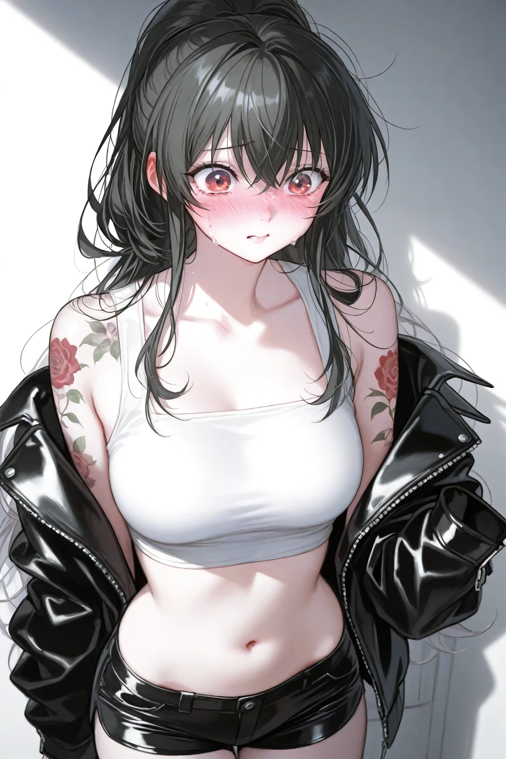 (masterpiece:1.3, 8k:1.3, Highest Quality:1.3, detail:1.3, high resolution:1.3, Digital Painting, ultra detailed),
highly detailed eyes and face, 1girl, breasts, red eyes, solo, cleavage, black hair, long hair, bangs, eyewear on head, looking at viewer, parted lips, expressionless, jacket, large breasts, bare shoulders, black jacket, sunglasses, off shoulder, collarbone, blunt bangs, sweat, strapless, hair ornament, denim, pants, against wall, wet, skindentation, long sleeves, jeans, upper body, white shirt, shirt, graffiti, hairclip, tube top