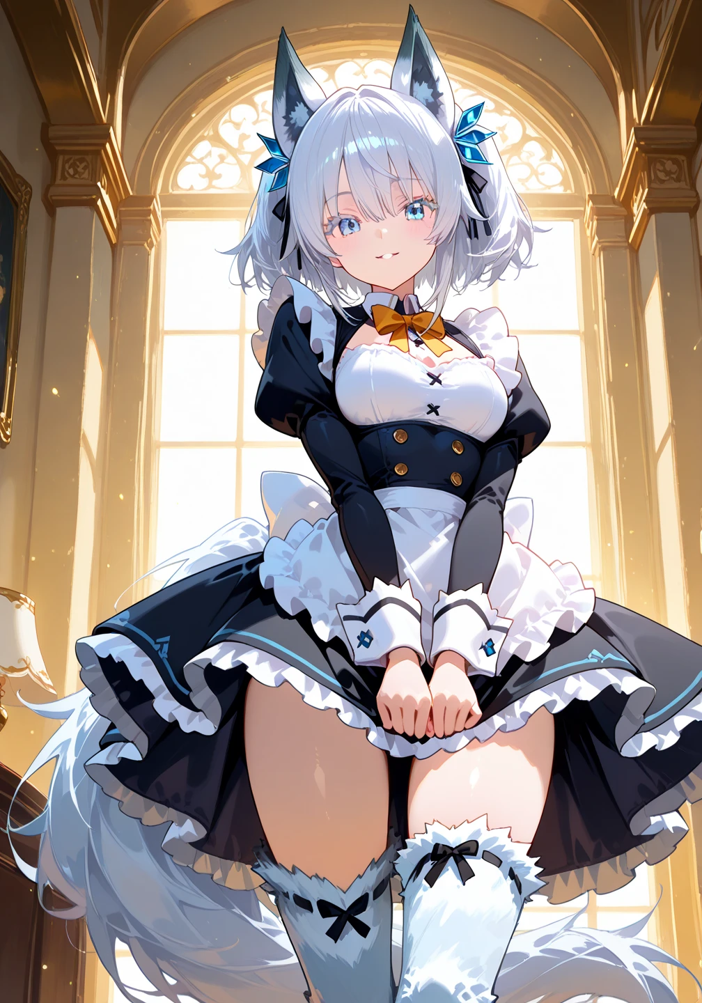 Loli maid de cabello corto plateado, Tiene una mirada severa y enojada, Ojos color azul hermosos, Big boobs, Maid suit blue, En un castillo antiguo, Castillo Gotico, Sakuya isayoi, SFW, Pechos Brillantes, Cabello CORTO Y PLATEADO, Tacones altos azules, (Full body photography)