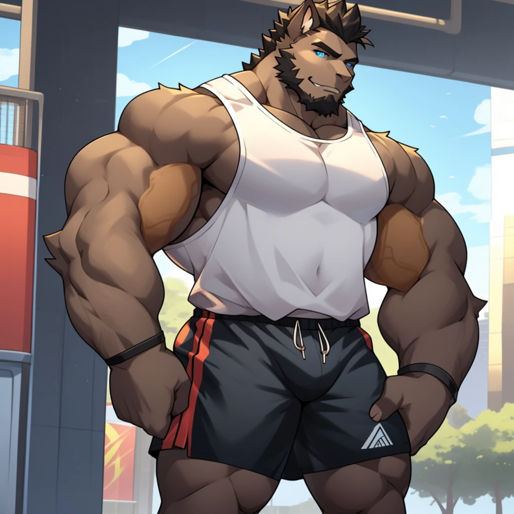 Solo, male, lion, muscular, medium bulge, smiling, tank top, cargo shorts, hair, big pecs, big biceps, alleyway, plants, golden hour, dramatic lighting, by bebebebebe