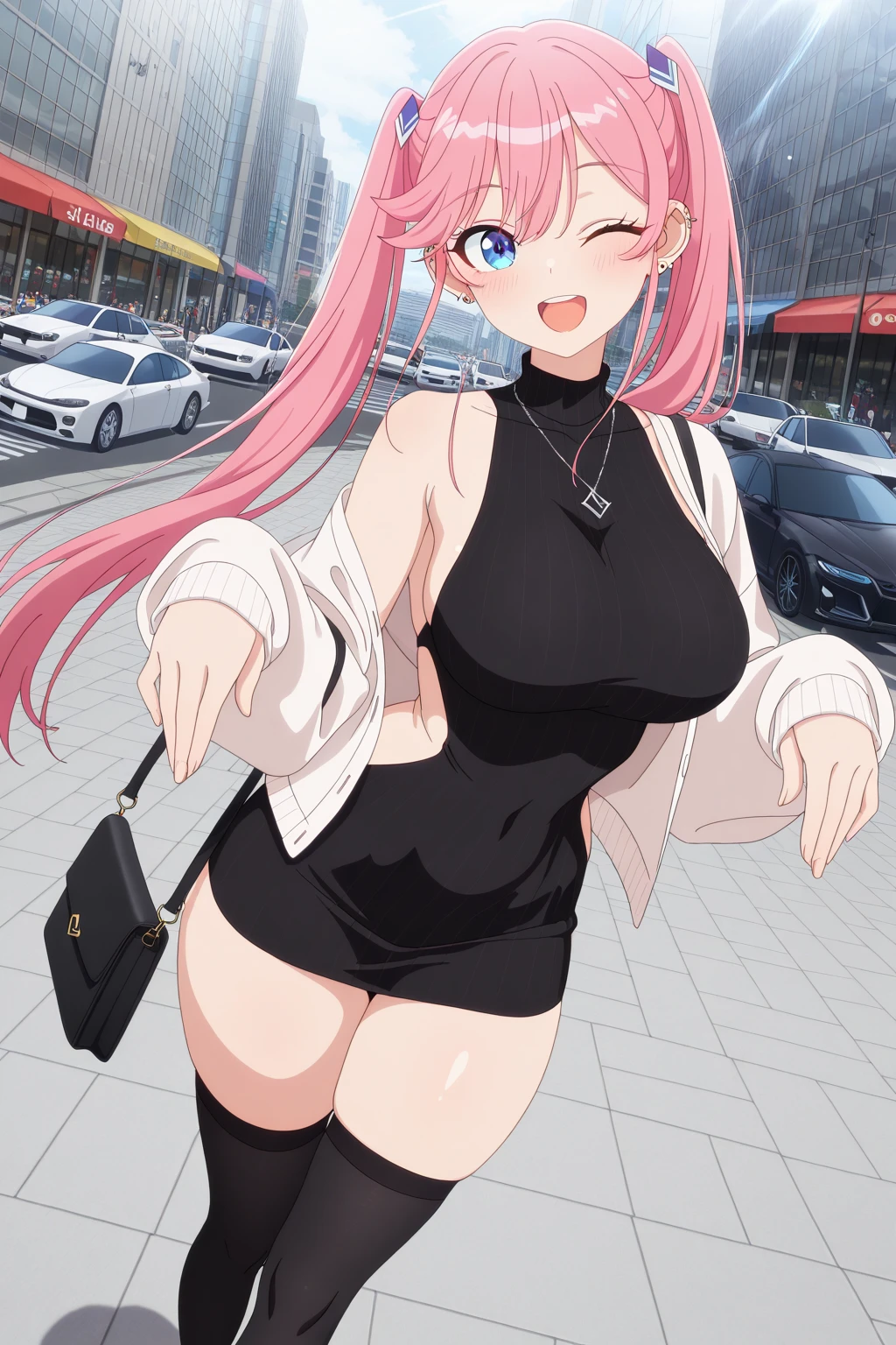 bustling street、Two people、outside、hot summer、Sexy pose、See-through、pink、Sexy pose