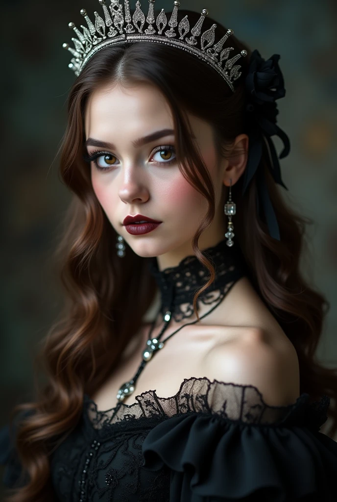 Adorned in a meticulously tailored black corset dress and a slightly mischievous lady's round hat, she exuded an elusive allure. Her untamed brows, lively brown eyes, and moist lips radiated a sense of allure. A cascade of brown hair, half-up and half-down, graced her shoulders. Although informal, her elegance, immaculateness, and enchantment remained undeniable.