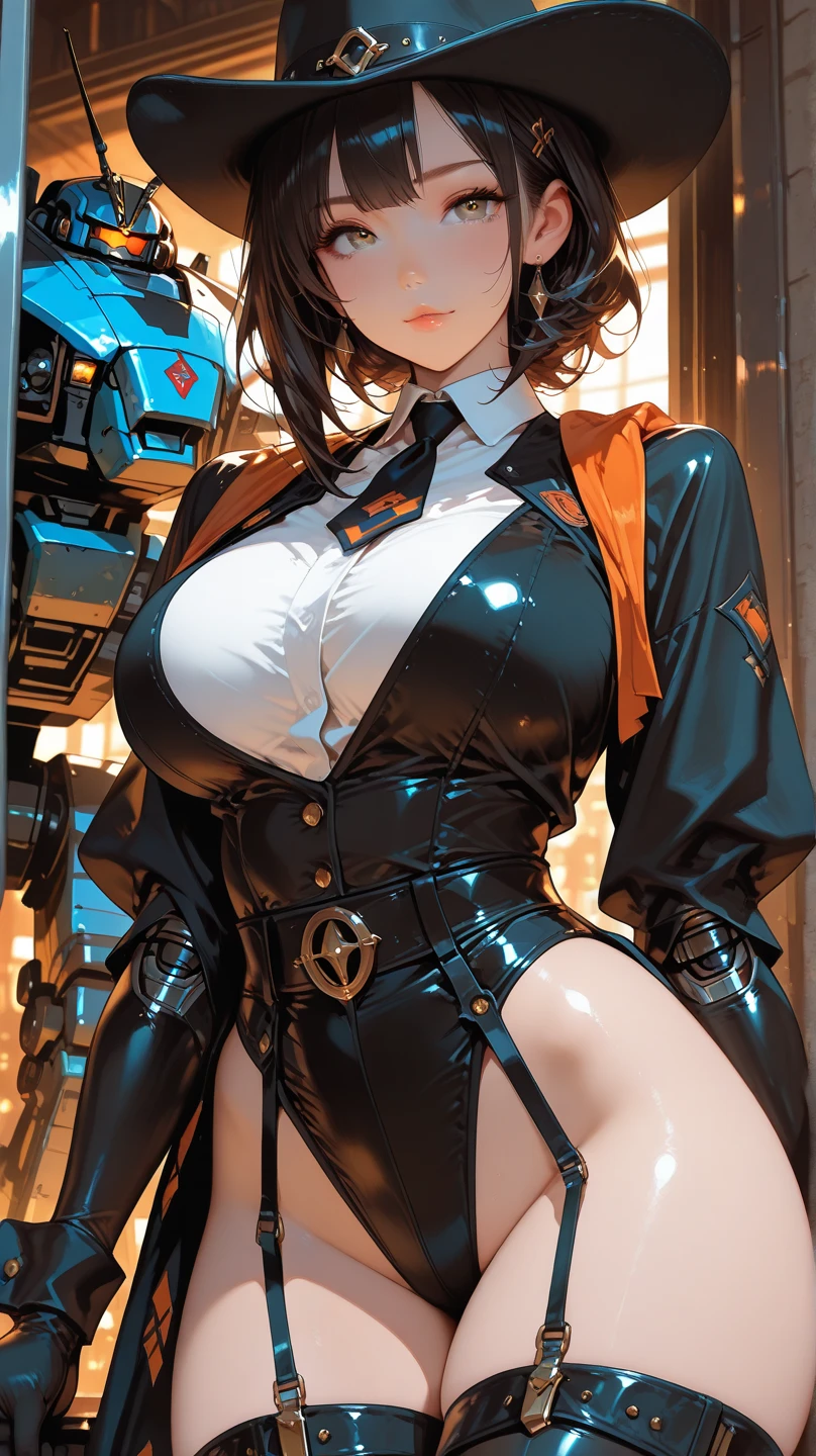 1female,35yo,plumw,extremely large bosom, 独奏,(Background with:Huge machinery,droid,aerodrome,Planes,Huge mechanical armor,) She has very short black hair,bobo head,Stand on the plane,,seen from the front, hair straight, mostly cloudy sky,(((tmasterpiece),(Very detailed CG unity 8K wallpaper),best qualtiy,cinmatic lighting,detailed back ground,beatiful detailed eyes,Bright pupils,Blue eyes,Snow-whiteskin,Redlip(Very fine and beautiful),(Beautiful and detailed eye description),ultra - detailed,tmasterpiece,))facing at camera,A high resolution,ultra - detailed),revealing breasts,Bare genitalia, Bulge,legs are open,Raised sexy,Camel toes,Flushed complexion,Desire for dissatisfaction,frontage,British Air Force,Aviator,Officer's cap(Wearing:blazer jacket,tailcoat,White color blouse,a black bowtie,Black pantyhose,Gold wire embroidery,Bare breasts)cyber punk style