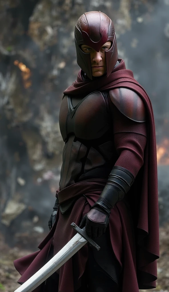 Michael Fassbender as Magneto of the X-Men, full-length, Magneto's helmet, leather burgundy cloak with a hood, naked torso, excellent illustration as a frame from the movie X-Men, super detail, magical effects, dynamic scene