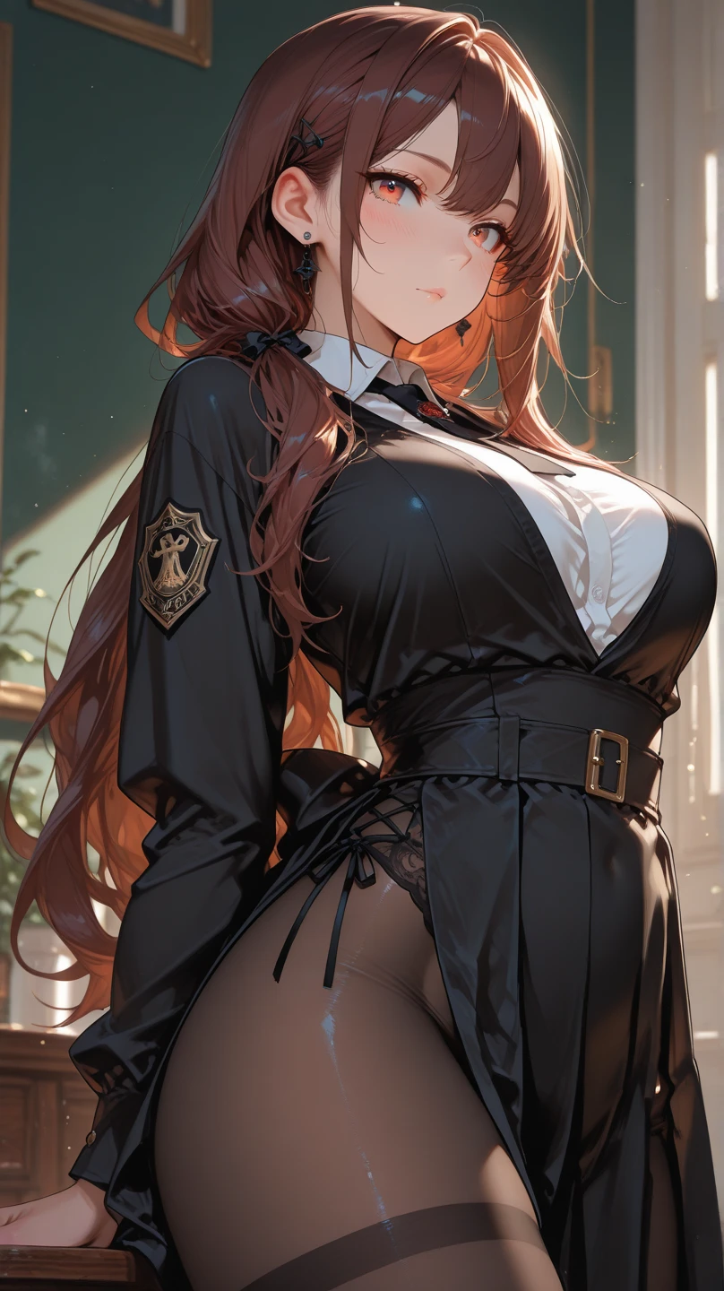 Adult Woman, Anime Beauty Warrior Costume、long brown hair、waved hair、Brown Eye, lip stick, Smile, masutepiece, hiquality、sexy pose、Red and black sleeveless knit、Black jacket、medium large breasts、soft boob、Dark red pleated skirt、knee high stockings、high heels boots、Luxurious earrings、Church of the castle、Butt sticking out pose
