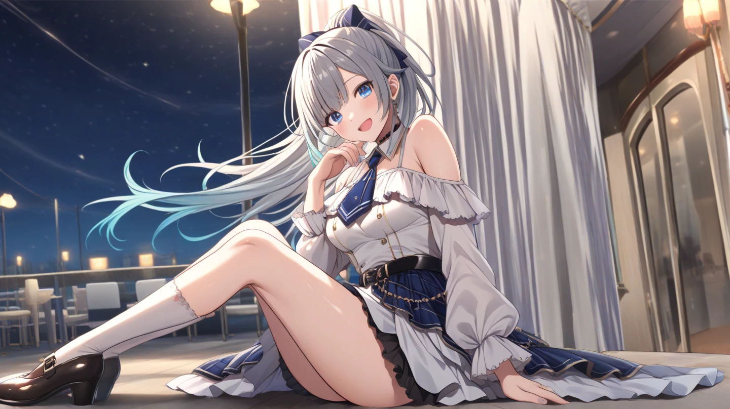 Best quality at best, tmasterpiece, realisticlying, 超高分辨率, Complicated details, 1girll, a sailor suit, beautiful face, Light silver hair, hair adornments, frilled sleeves, skirt with frills, White panty hose, platform footwear, in the dining room, squatt