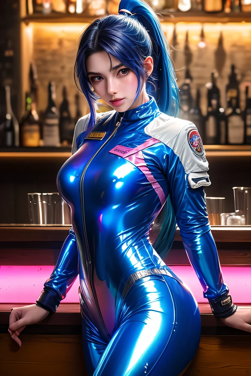 8K,　Tarot Cards, (Female martial artist), Super beauty (Like the real thing)　Blue ponytail　a matural female　Sexy white and blue martial arts suit　White and blue trousers　Blue Leg Armor　 Round table for food and beer　Lots of dishes　enticing　超A high resolution　real looking skin　A smile　sexy chest