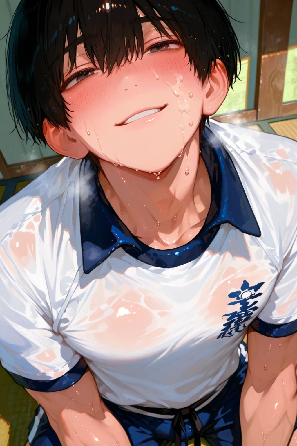 (score_9,score_8_up,score_7_up,score_6_up,score_5_up,score_4_up, source_anime), 8k, best quality, best lighting, BREAK, 11boys, 17 yo, thin eyebrows, toned, six pack, short sleeved navy soccer shirt, (bottomless: 2), veiny arms, , huge penis  ((erect : 1.7)), huge testicles, thick outline, , blush, locker room, wide shot, look away, yoichi_isagi, blue eyes, black hair, sitting steel bench, spread legs, panting, bedroom eyes, steam, sweat, ((orgasm face)), (super massive cumshot: 1.5), cum on face, cum on shirt, cum on hair, cum on chest, cum on legs, cum strings, cum in mouth,  bukkake,