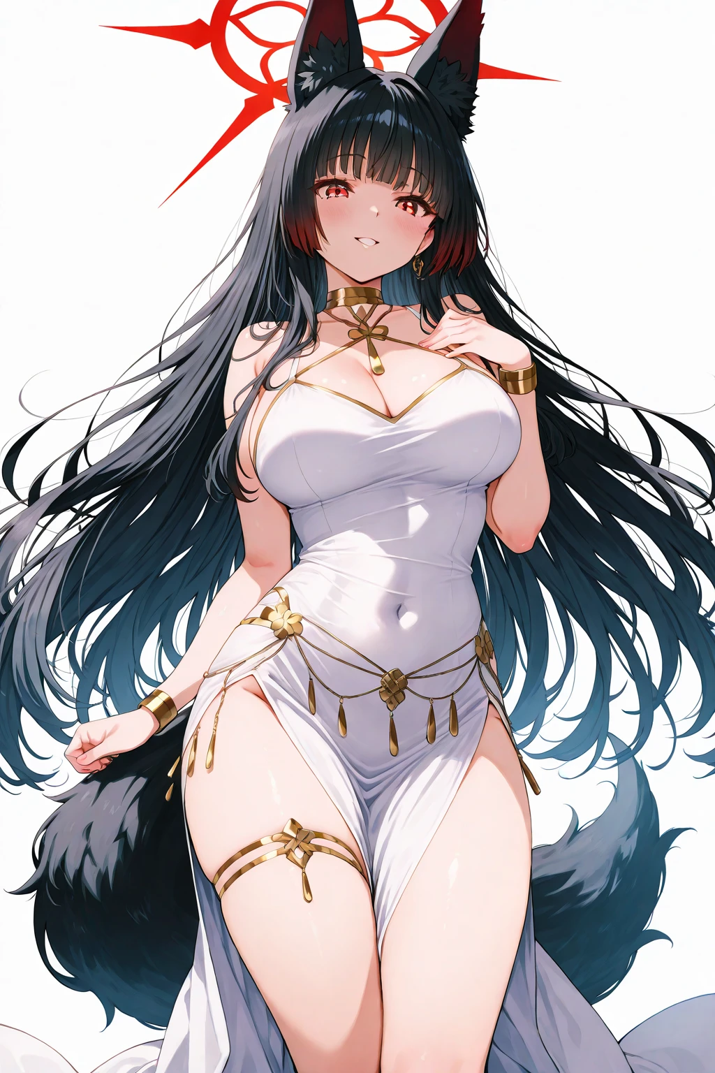 yuel\(gbf\), 1girl, solo, large breasts, fang, open mouth, cleavage, navel, smile, looking at viewer, jewelry, necklace, :d,simple background, arms behind back, <lora:Yuel_V1:0.7>
