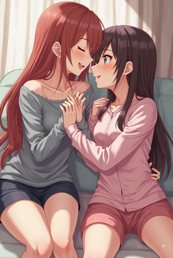 best quality, 4k, high resolution , anime girl , young girl, 24 years old, bangs, long hair, relaxed face, perfect shot, perfect anatomy, detailed face, detailed eyes, snowy background , cabin , tall girl , 2 girls, realistic, 4k , masterpiece , ilustration, digital art, full body, sohryu_asuka_langley, sitting , chimney, fur rug, sofa, asuka langley sitting with a black hair girl, kiss, kissing