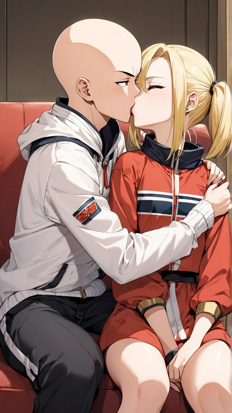Body position: Standing, straight, symmetrical, barefoot, Lustful smile on face with red blush, 2 girls who gets married and stands in front of many people, nsfw, kissing