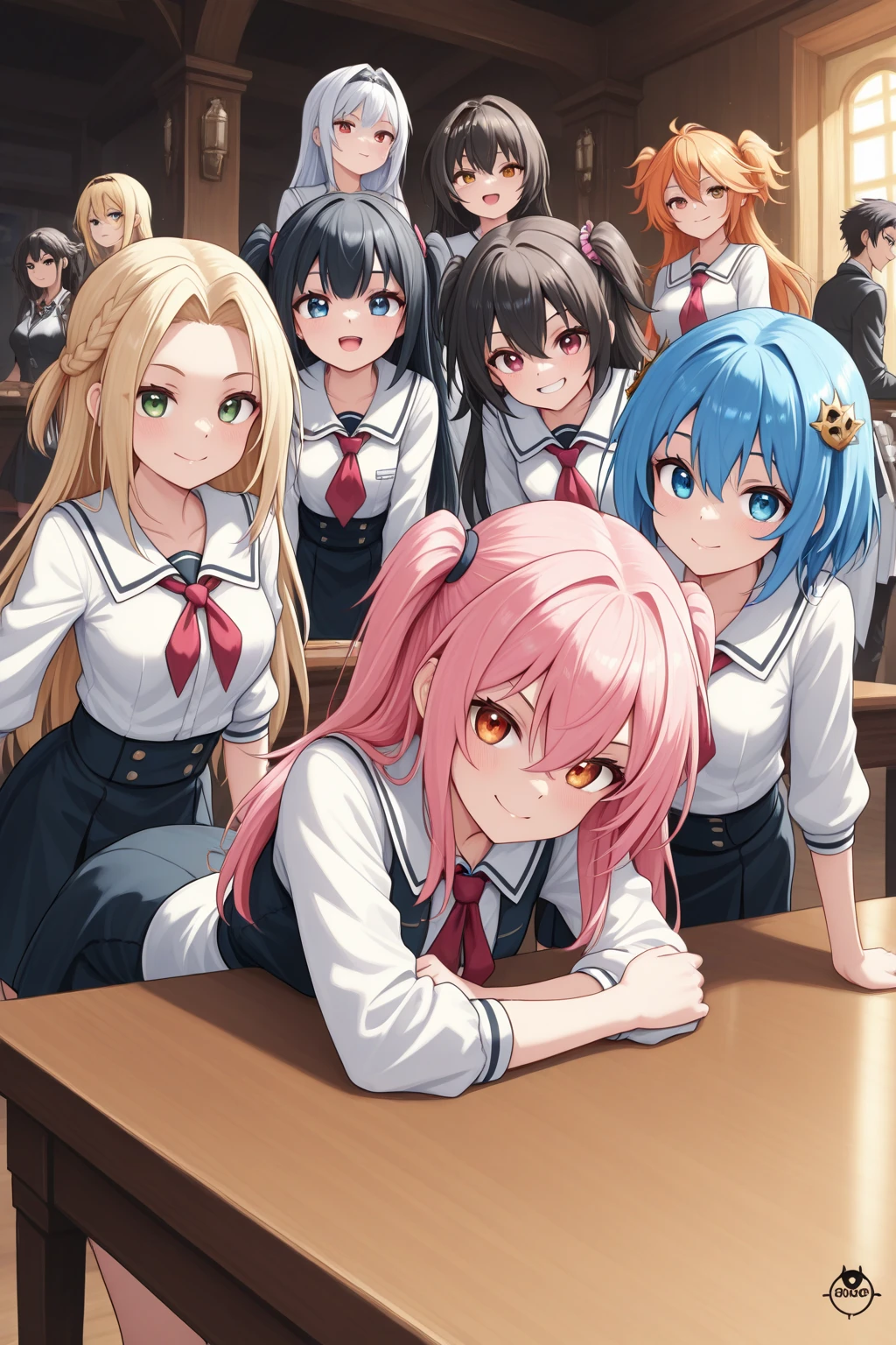 1girl,mature female,pale skin,huge breasts:1.49,mikajougasaki, mika jougasaki, hair bow, long hair, pink hair, (yellow eyes:1.5), ponytail,
BREAK (otonokizaka , pleated skirt, , short sleeves, skirt, summer uniform, sweater vest, yellow sweater vest,:1.2)
BREAK  sitting in an office chair, on a desk,
BREAK (masterpiece:1.2), best quality, high resolution, unity 8k wallpaper, (illustration:0.8), (beautiful detailed eyes:1.6), extremely detailed face, perfect lighting, extremely detailed CG, (perfect hands, perfect anatomy),