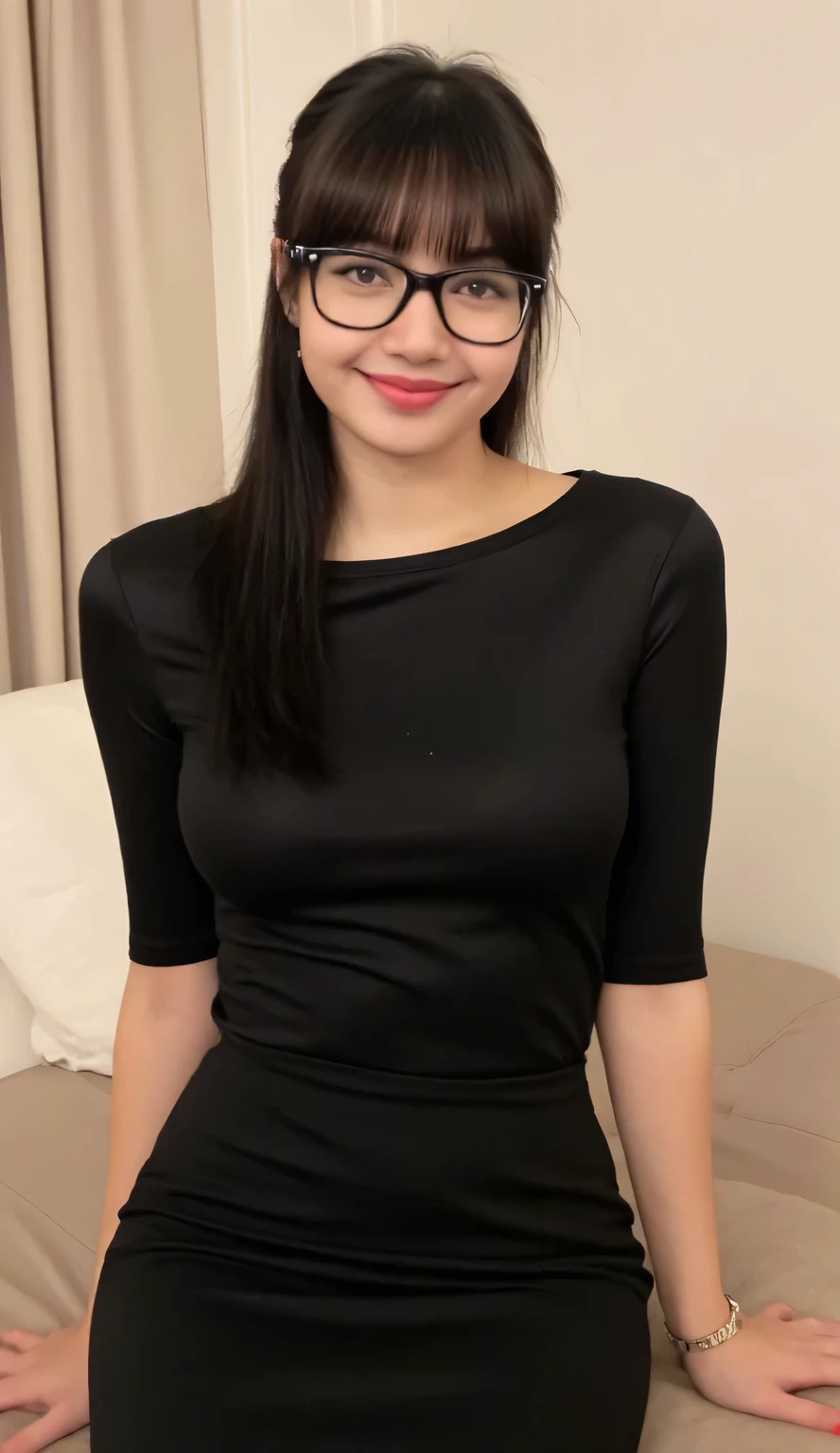 (Best quality, 8k, 32k, Masterpiece, UHD:1.2), Photo of Pretty Japanese girl, (huge breasts), black long hair, bangs, (smile), (black suit jacket, black lace tight mini-skirt), thin waist, navel, (night city landscape), indoor, necklace, earring, watch, belt, dramatic lightings, (skirtlift:1.2), naked,