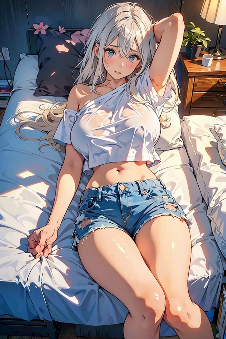 An irresistible work of art to the male eye,two beautiful women wearing light white small size shorts, medium butt,breasts big,wet by rain,a beautiful bed... a captivating smile..