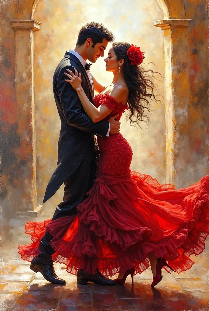 "Hyper realistic super detailed faces, Fit handsome man dancing a passionate tango outside with a beautiful Hispanic woman. She has long black hair and is wearing a traditional red and black flamenco dress."