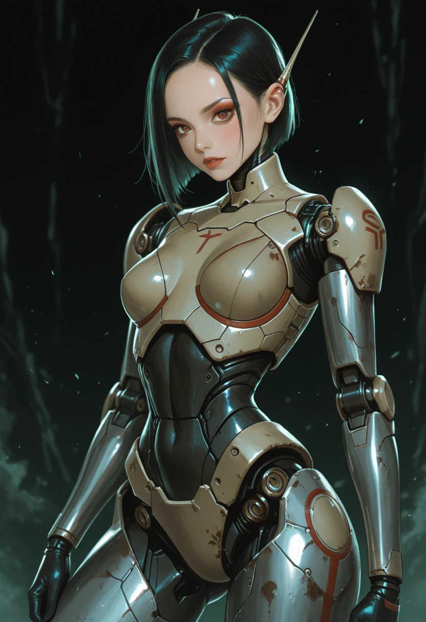1womanl, Mature, 美丽的面容, big eye, (Choppy), (cybernetic body parts), Headgear, Short underwear, Cowboy Shot, (Background with: futuristic cyberspace battlefield),  (depth of fields), ​masterpiece, Realistic, impossible details, top-quality