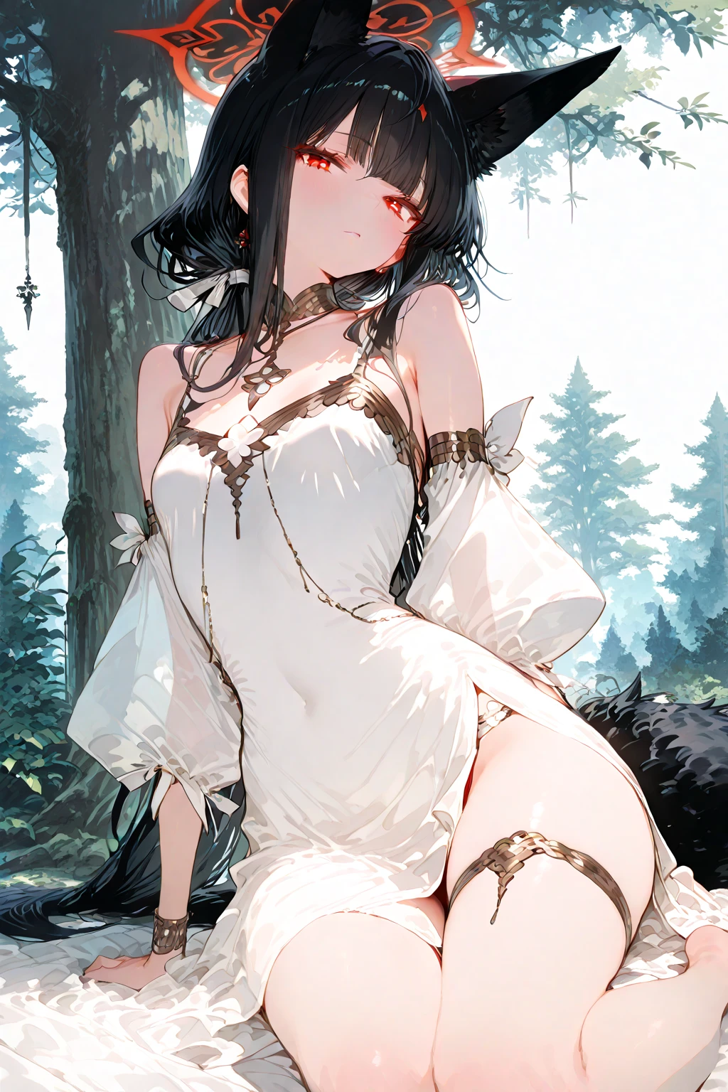 "Create a mesmerizing artwork cover for the musical composition titled 'Wandering Spirit.' The Fullbody captivating artwork features a captivating  girl with elf-like ears, Half tone cute, gazing enchantingly over her shoulder towards the viewer. She has a lovestruck expression and tender pose, holding an ethereal sword in her hand, intricate details reflecting her mystical nature. The scene is set amidst a lush, vibrant forest background with soft render and pastel animation colors, evoking a sense of whimsy and enchantment. The girl's features are perfection, with perfect eyes and a perfect face, radiating ethereal beauty. She has sleek black hair cascading down her back, and she wears black and white clothing, adding to the contrast and allure of her appearance. The sword she wields emanates a soft, ethereal glow, symbolizing her inner strength and journey of self-discovery. The setting is an enchanted forest, filled with blooming flowers and dappled sunlight, adding to the magical atmosphere. The artwork subtly incorporates sensuality, with elegant poses and sensual details enhancing the girl's attire and posture. This artwork is a masterpiece, perfectly capturing the enchanting spirit of the musical composition 'Wandering Spirit.'