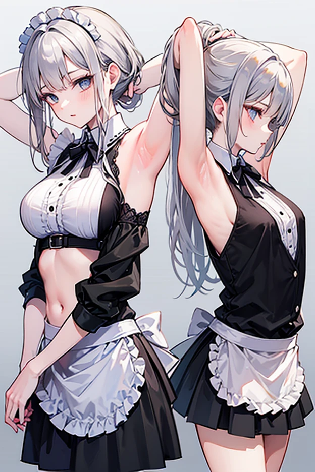 "anime girl, 1 person, silver-white hair mixed with blue, blue eyes, wearing headphones, maid outfit, lolita maid, big breasts, stockings, standing cross-legged, serving, licking lips, perspective tilted, (full HD 4K+ image)"