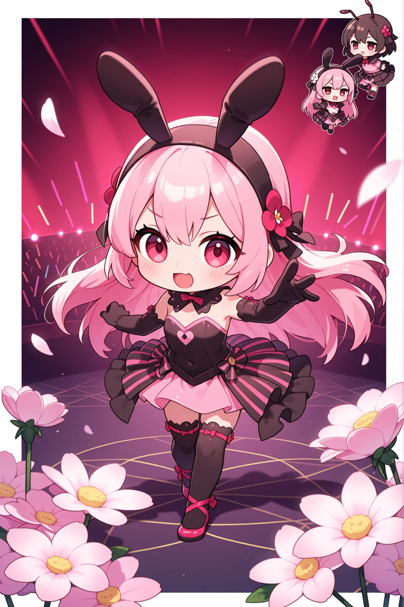 Anthropomorphism of ants、 chibi、Ants wear small flowers、ant fashion show、A lot of ants wear small flowers and dance on the flower stage