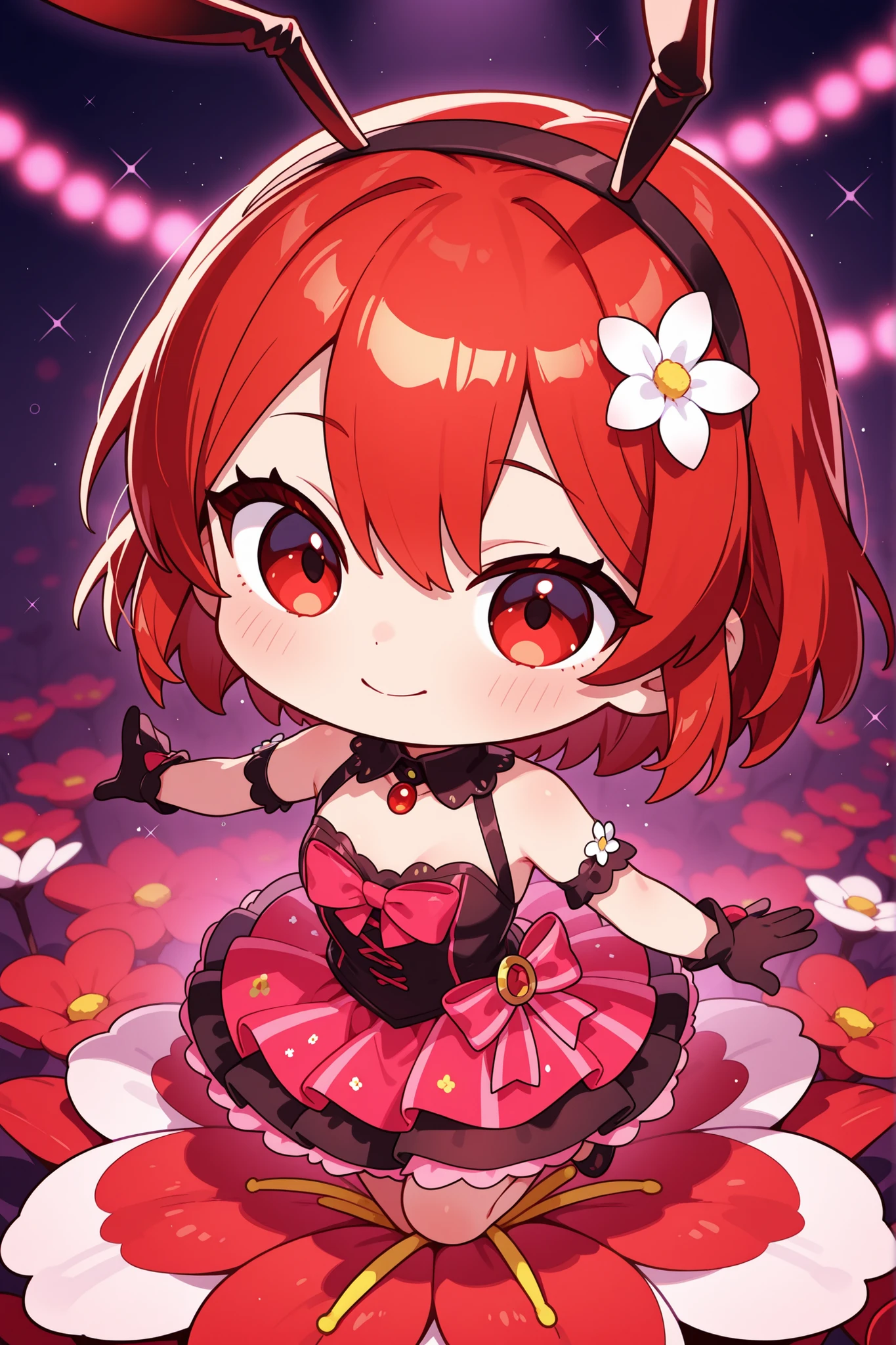 1 girl, Mamori Tokonome, 1girl, MamoriTokonome, large breasts, red hair, thin braid twintails, white smiling cat hair pin, pink lips, gold eyes, full body shot, smiling, wedding dress, outdoors, flowers, roses, holding a bouquet of roses, flower petals falling from the sky, <lora:Mamori_Tokonome-10:.5>