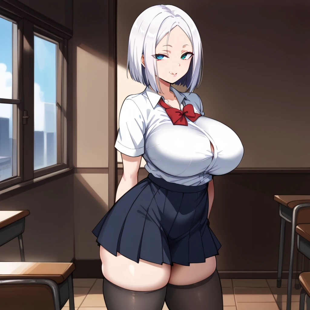 (1 girl), huge breasts, huge ass, big thighs, small waist, white hair, luscious messy hair, seductive face, blushing, tall(adult), sitting outside cafe, skirt, white shirt, laced buttoned shirt, shirt tucked in, popped buttons, one button buttoned, sleeves rolled up, thin round glasses, cute glasses,