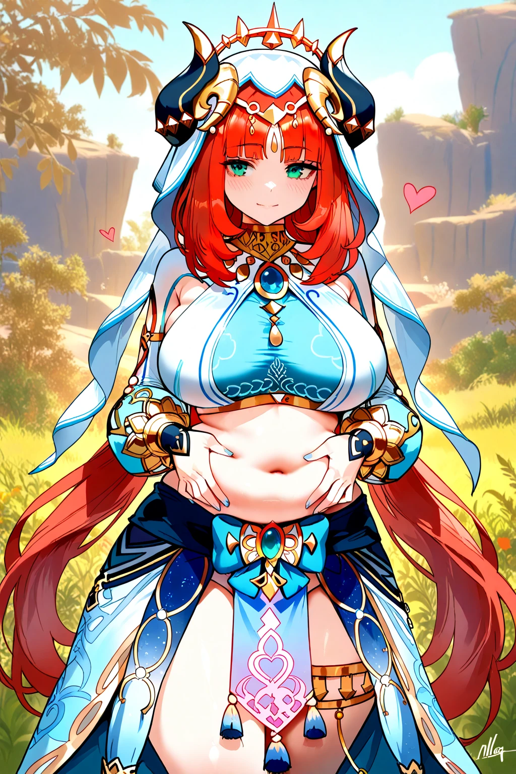 Queen,PAWG,Huge breast,huge hips,curvy body,genshin impact,Nilou, a character from Genshin Impact,hugging aether,aether little, wears a white and blue outfit inspired by traditional belly dance costumes and the culture of the Western Regions. Her outfit includes a cropped top, a low-waist skirt, and various golden and blue ornaments. She also wears a white veil with a gold laurel wreath and a heart-shaped tassel, adorned with lavender flowers. Her Hydro Vision is attached to a large blue band on the back of her skirt.,location meadow,