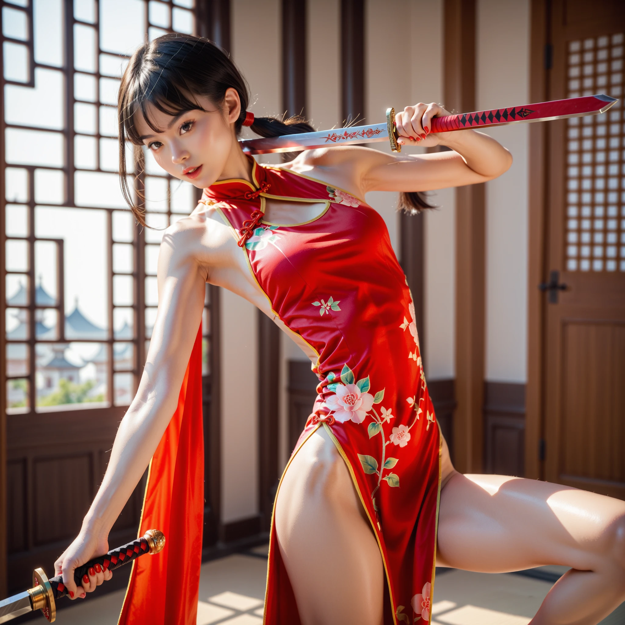 Moisturized skin, (beautiful eyes), realistic body, (adult female body), ((shy)), looking diagonally downward, (glasses),
BREAK,
bright red lipstick, (beautiful navel),
BREAK,
(folded ponytail: 1.2),
BREAK,
((masterpiece + highest quality + high resolution + highly detailed)), (full body: 1.2), symmetrical, one shot,
BREAK,
(leaves fluttering), (wind blowing), (battle stance: 1.4),
BREAK,
(ONE PIECE: 1.3), elegant, navy, colonel, (large Japanese sword), black hair, pink long coat, epaulettes, pink gloves, long coat draped over shoulders, shirt, tight shirt, floral shirt, (glasses),
