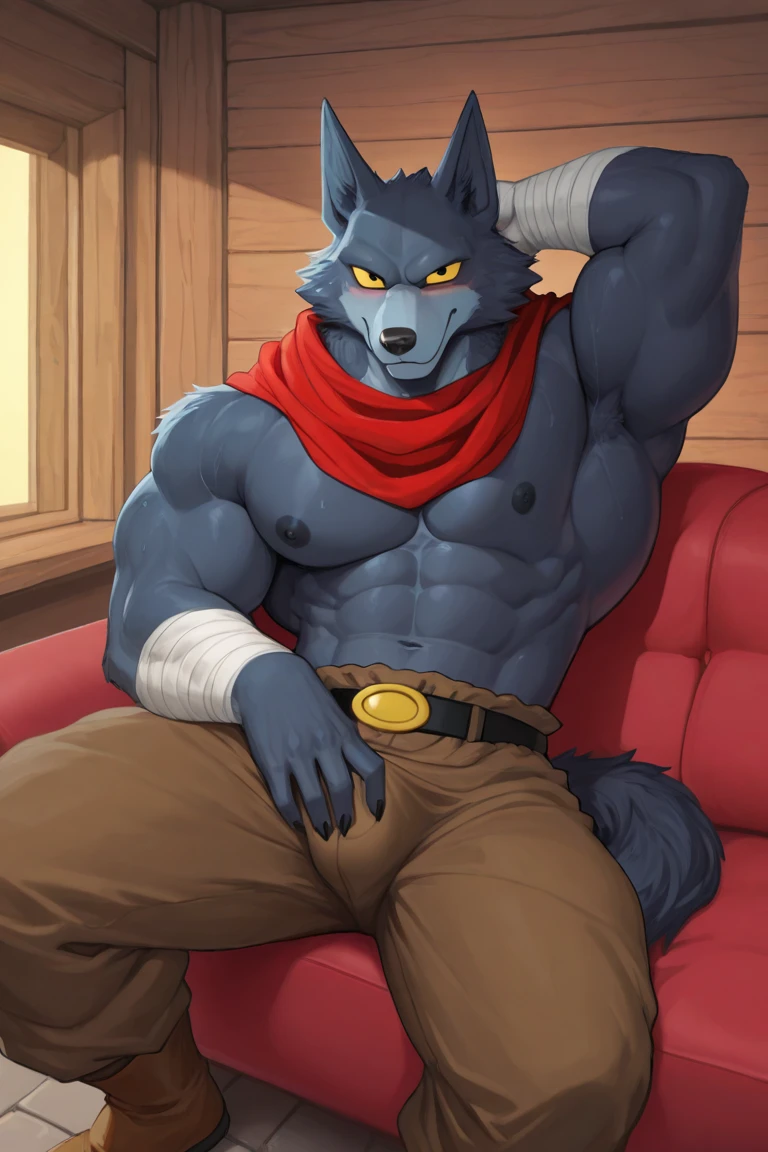 bergamo,werewolf,male,aldult,alone,4K,best quality,full-body shot,looking at the audience,hairy body,Upper body exposed,bare chest,,furry tail,chest muscles,chest muscles上有乳头,pink nipples,Six-pack abs, biceps, 弯曲biceps, anatomically correct,Delicate fur,pride,soft shadow,majestic,Detailed face,High quality eyes,golden eyes,black pupils,Sharp eyes,Grandiose,brave,Confident smile,Strong,mature,躺在sofa上,lying down,Red panties,red scarf,Room,sofa,Blue sky and white clouds,Sunlight