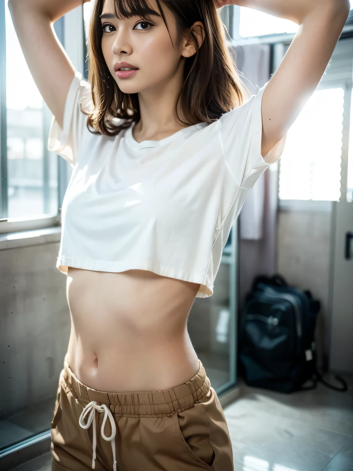 (Original Photography, best quality), (Reality:1.3), (Photo quality:1.2), (Ultra-high resolution:1.0), 8k, RAW photos,Mature movie actress, Filming,Female teacher in storage room,Business Suite,dramatic picture