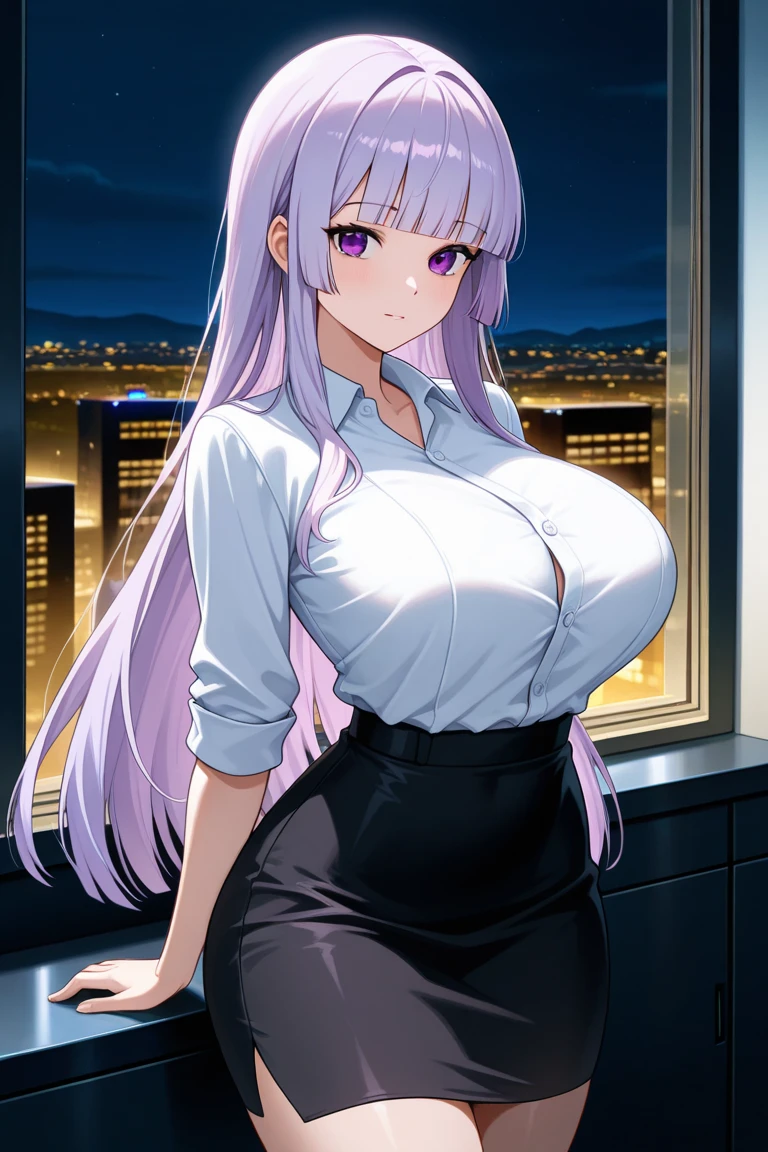 16yo girl, light pink hair, hime cut, long hair, erotic purple bodycon, J cup breast, thicc thigh, hourglass figure, nighttime city, clear view, charming smile, pink love shape glasses 