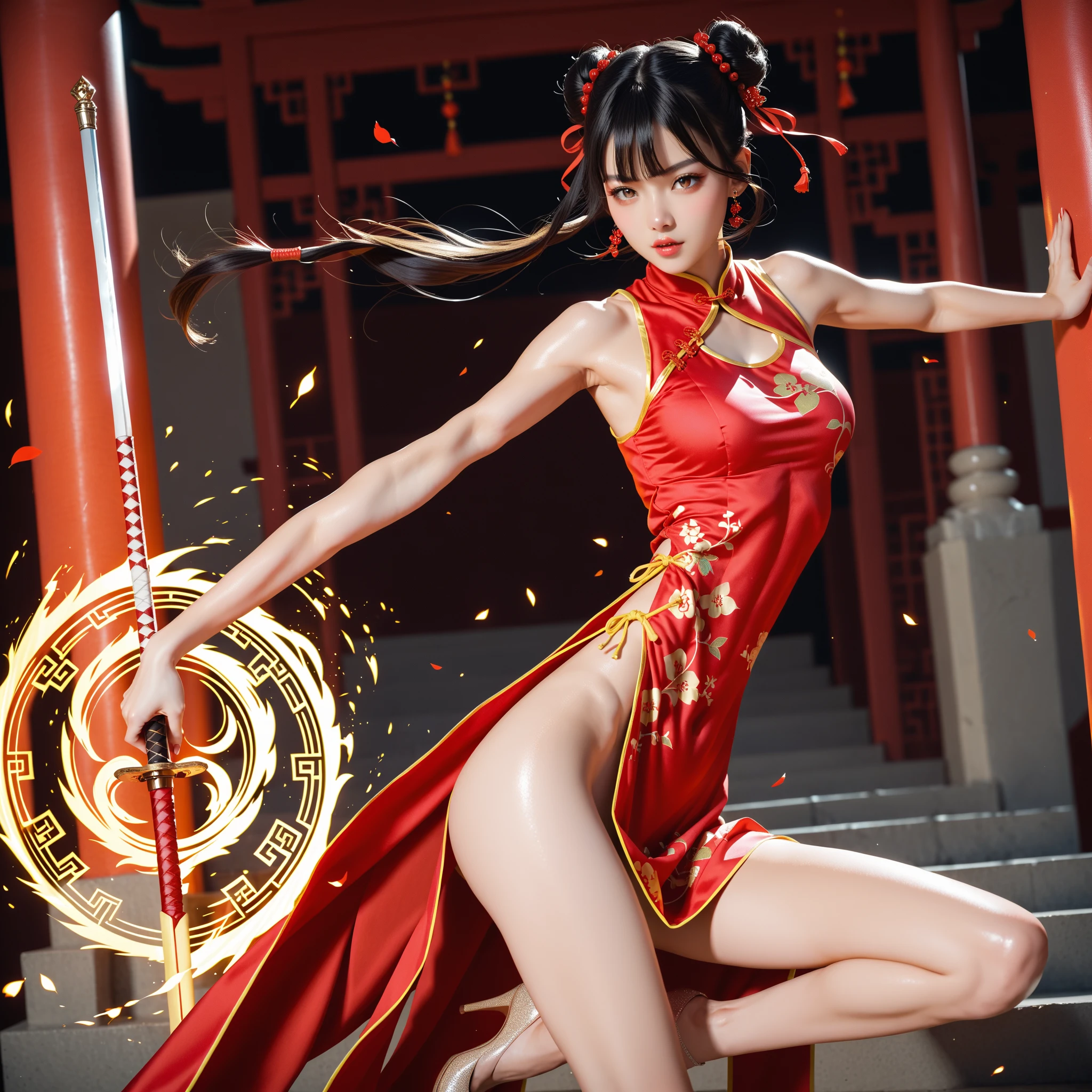 magic circle, ultra-detailed, 
RAW Photos、(Realistic)、(Super detailed)、(High resolution:1.3)、masterpiece、(Highest quality)、8K、Angle from below、Back view、Turn around to look at the viewer、(Perfect Anatomy:1.2)、One woman、20-year-old、In the city、(Archers:1.3)、(Hold a large bow in your left hand:1.3)、(Place the arrow in your right hand on the bow:1.2)、Correct and beautiful fingers、(A quiver full of arrows:1.4)、(Super hourglass body type)、(Upward-facing super big breasts:1.3)、(Wide super big ass)、Black Hair、(Open your legs and stick your buttocks out:1.2)、boots、A huge magic circle in the background、(Sexy and acrobatic fighting poses)、(Increased costume transparency)、(See-through:1.3)、A beautiful and confident smile、Sexy female warriors in the background