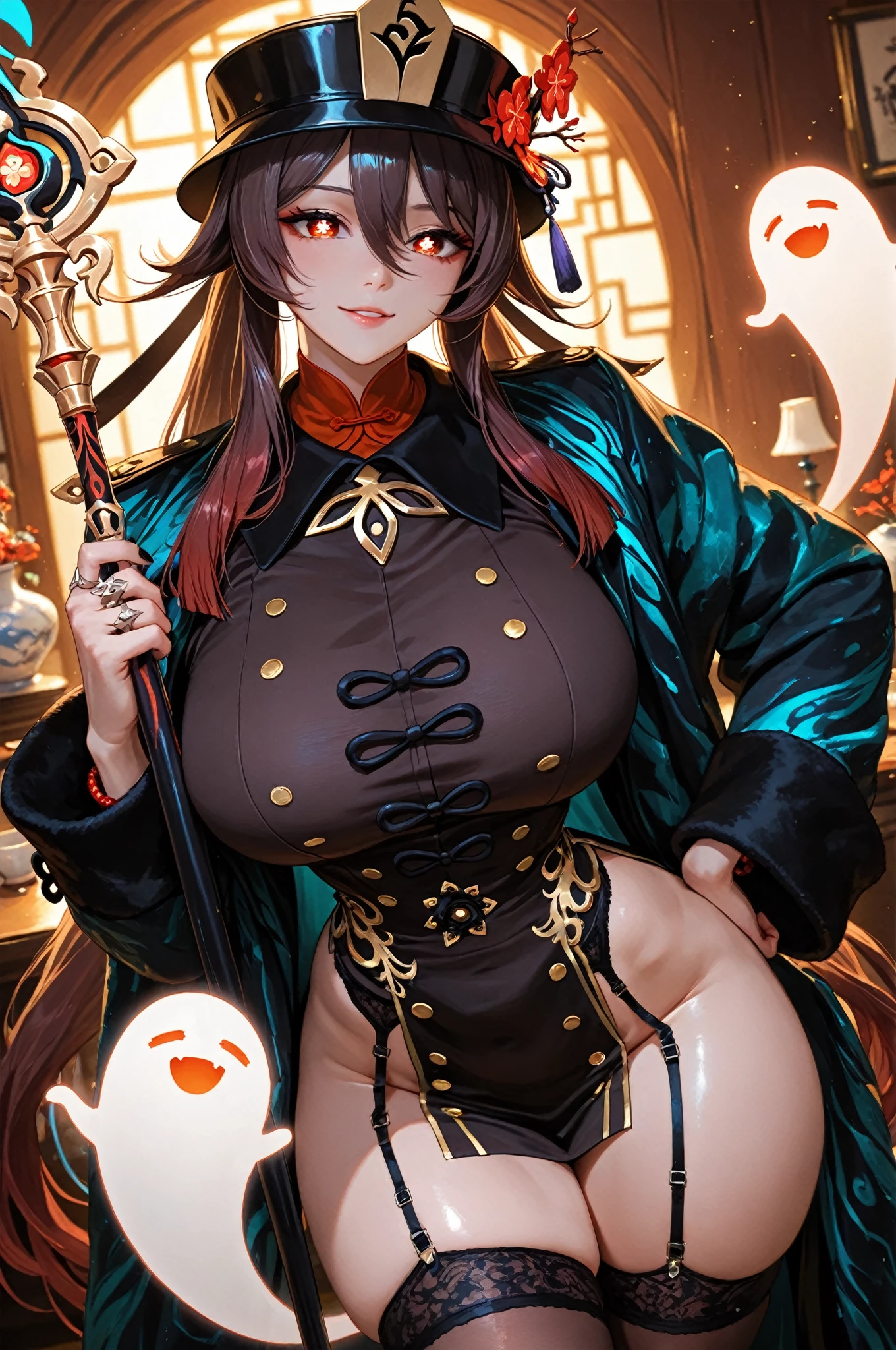 ((nsfw:1.5)),(Fantasy:1.5),(anime,8k,masterpiece, highest quality, highest quality,beautifully、aesthetic:1.2,Professional illustrations:1.1,Super detailed:1.3,Perfect lighting),Very detailed,Most detailed,Incredibly absurd , High resolution, Super detaileded,complicated:1.6,(Alchemy Workshop:1.4),A girl mixing,金hair、Many small bottles of medicine,Holds a small potion,colorful:1.4,Zentangle,(1girl),(girl),(Female warriors of the Three Kingdoms),(Very exquisite beautiful face and eyes,Firm breasts),Oily skin,((black,hair,short bob with short pony tail hair)),thin pubic hair,cute,Lovely,Age 34,Alchemist's costume,Merchant's clothing,smile,In the kitchen,smile,Seductive Weakness々しいsmile,(with sparkling eyes and a contagious smile),Open your mouth, View Viewer,Angle from behind、((Overflowing Sex Fluids:1.5))、(Huge Breasts:1.5)、((obesity:1.5))
