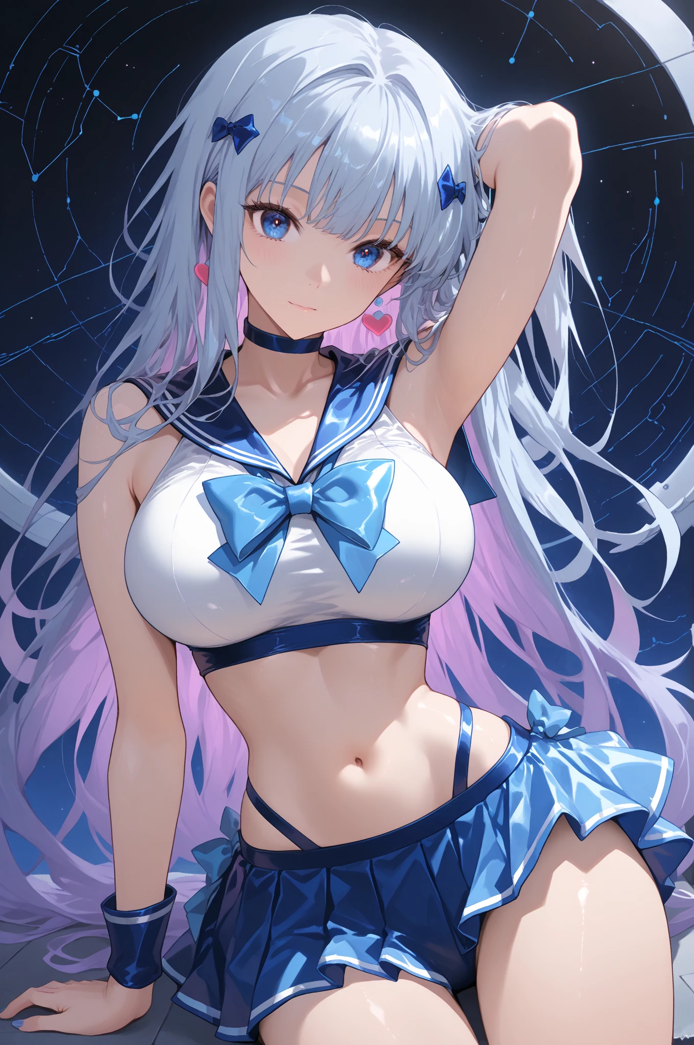 (Close-up:1.4)、(RAW shooting:1.2)、(photorealistic:1.4)、(masterpiece:1.3)、(highest quality:1.4)、solo、7 head and body、(slender and beautiful girl)、cute、(beautiful detailed eyes)、(charming big eyes)、(beautiful double eyelids)、(beautiful and detailed face)、(smile full of joy:1.3)、(Medium chest:1.2)、(cleavage)、(full body shot)、8K、(muste piece:1.2)、(pale blue hair、short bob:1.3)、(Bangs Patsun)、(headdress、white blouse、black ribbon、White Apron、ruffle skirt、puff sleeves、collar、choker、apron with fine ruffles：1.3)、White Knee High Socks、black maid costume、(Sexy model pose with chest sticking out:1.3)、cowboy shot、view audience、(small butt)、(beautiful hands)、(beautiful thighs)、cute系、(perfect anatomy:1.2)、ancient city、
