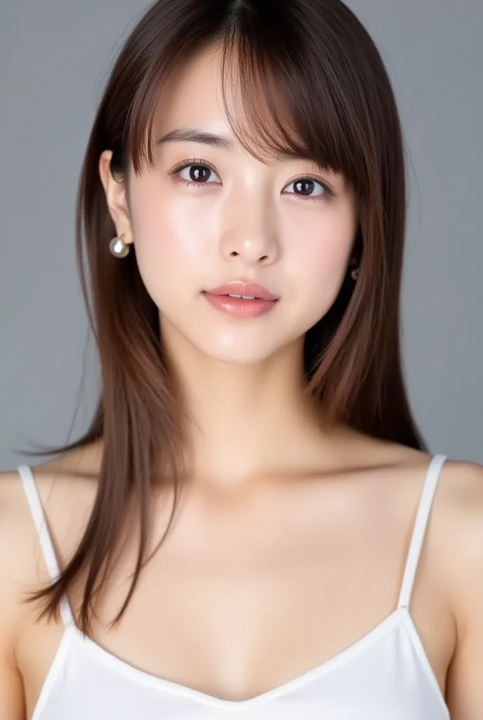 ((Bra pink: 1.5)), Sexy pose sculpture, (masutepiece:1.3), (8K, Photorealistic, Raw photography, Best Quality:1.4), (1girl in), Beautiful face, Realistic face, (Detailed face), Beautiful hairstyle, (detailed hairs), Realistic eyes, (Detailed eyes), Beautiful details, Realistic skin, (Detailed skin), Beautiful skin, Attractive, Ultra high definition, A hyper-realistic, Very detailed, (Big breasts:0.5), Japanese beauty, (slim figure), Gentle, Brown hair, (Supermodel Figures), Cute young Japan girl, Cute young Japan girl, (with a simple gray background), Big breasts :1.2, Enhanced cleavage, bashful, Wide Shot, (Full body), ((Bra pink: 1.5))