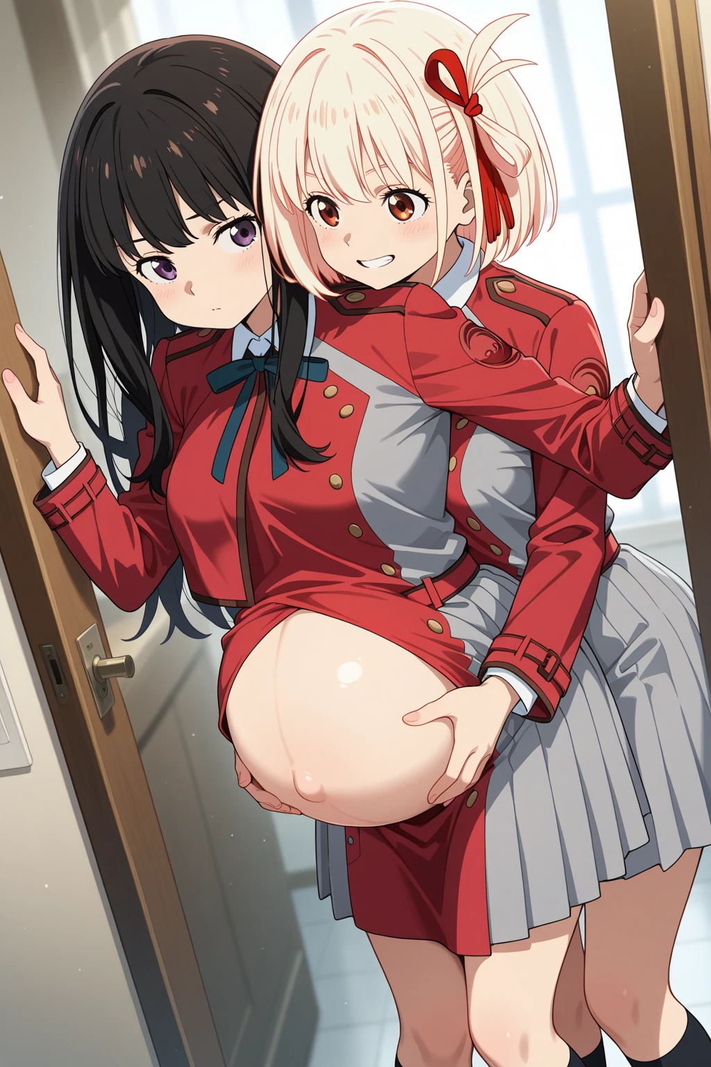 ((1 Girl))Happy,Outdoor、In front of the station、blush、From a low angle、from the front((Multiple Views))Best image quality,High brightness,Lace panties,mini skirt,Official Anime,SPY FAMILY,Yor Forger、hair band、Knee-high boots