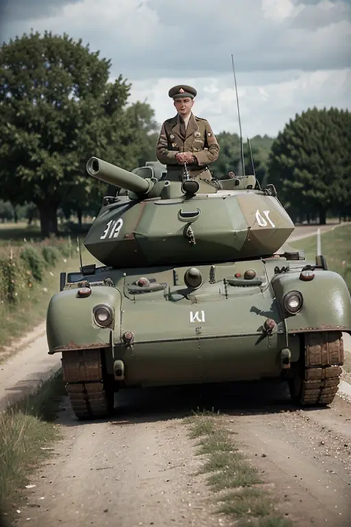 Churchill tank in the desert、(A realistic depiction of the Churchill tank)、A group of female cavalry soldiers accompanying the、 ( Beautiful female cavalry, Red jacket、Black mini skirt、Black boots)、Converting monochrome photos to pale color through digital color restoration、