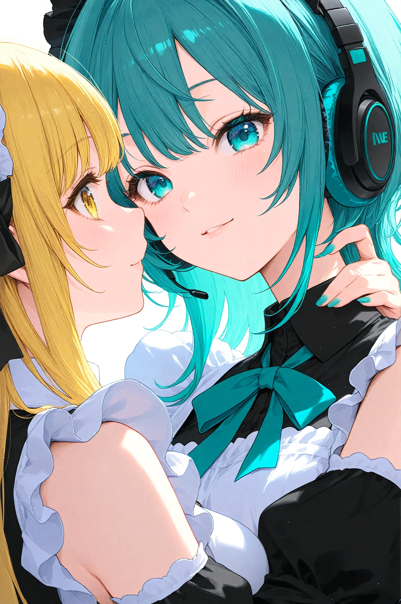 (best quality,4k,8k,highres,masterpiece:1.2),ultra-detailed,portrait,anime,colorful,playful,hatsune miku forcefully kissing kagamine rin,hatsune miku with green twin tails,kagamine rin with golden short hair,sweet and cool,butterfly headphones,butterfly hair clips,dreamy,vivid colors,明亮的灯光