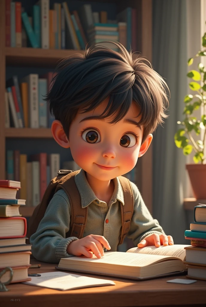 "The student, now with a confident and determined expression, is back at his study table. The sun is shining brightly, symbolizing hope and a new beginning. The study materials are neatly organized, and the student is deeply focused, reflecting his renewed motivation and dedication to succeed."