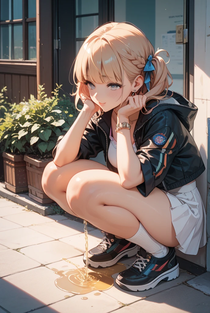 Himiko Toga, sweater, Pleated skirt, Sit on the ground with your knees up,
