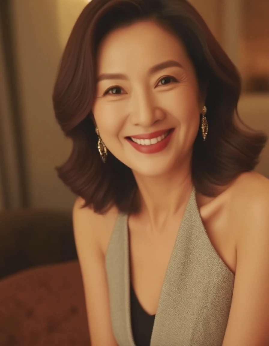best quality, ultra detailed, masterpiece, 16K, bar, old woman, smiling, sitting, ((legs spread:1.15)), looking at viewer, long hair, wave hair, brown hair, big eyes, pale skin, wrinkles skin, detailed face, detailed skin, glamorous, voluptuous, blue high slit dress, piercing, necklace, (high heels), beauty mark, delicate facial features, curvy, elderly, japanese, inside, in the bar, with a sofa, at night, ultra realistic photo, hyperrealistic photo, realism, real person, cowboy shot, from front, wide view, wide shot, intense wide shot, extreme wide shot