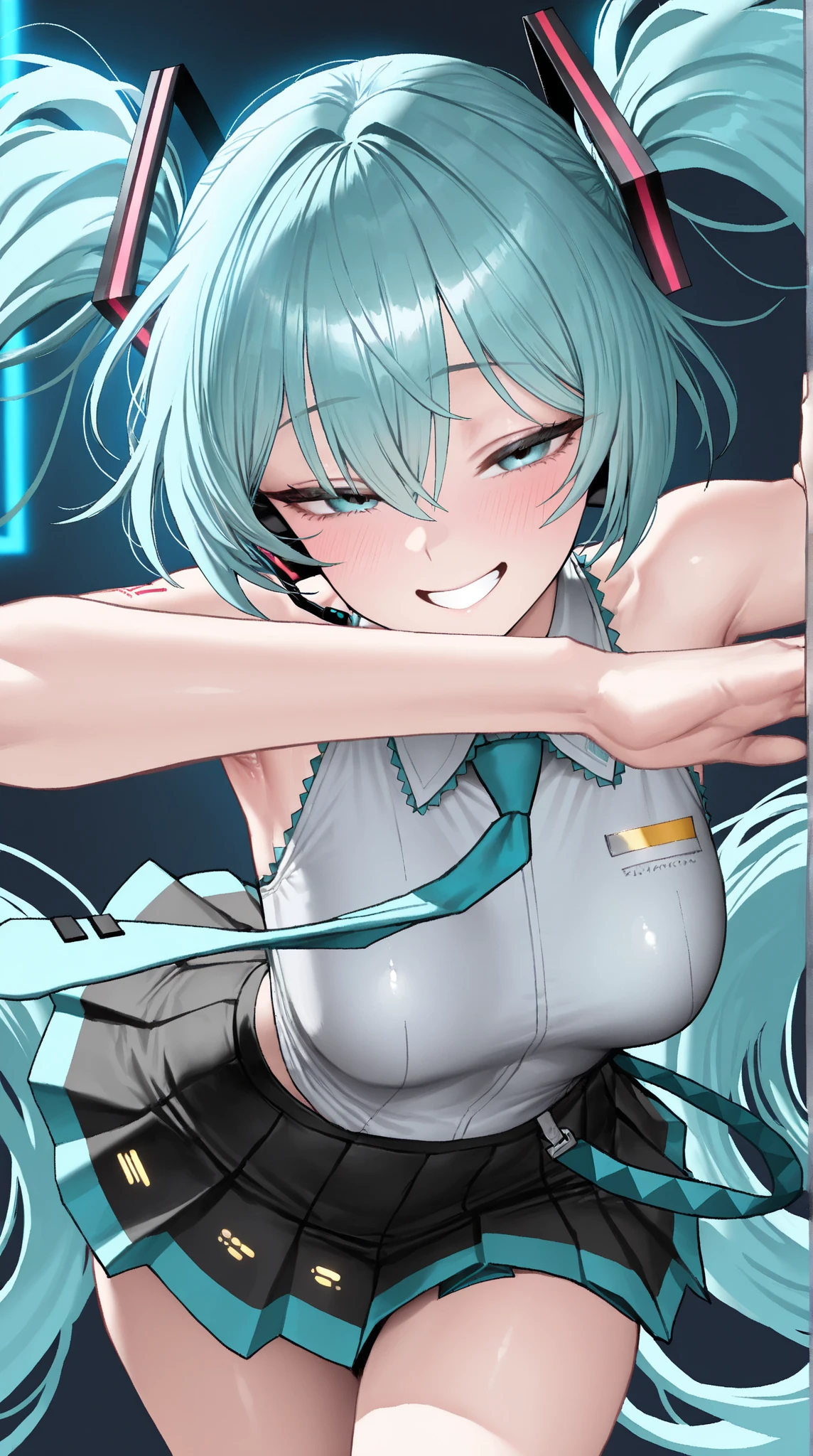 (best quality,ultra-detailed,realistic:1.37),portrait,pencil drawing,colored lines,high contrast,bright colors,soft lighting,Miku Hatsune,cute,adorable,large eyes,detailed hair,twintails,huge ribbon,maid outfit,frilly apron,short skirt, skinny body expression,captivating smile, arms up, squat pose, piernas abiertas, ( facial expression looking disgusted, bragas visibles), floating musical notes,sparkling eyes,fresh vibrant colors,dynamic composition,playful atmosphere,anime style,skilled shading,expressive strokes,masterpiece:1.2