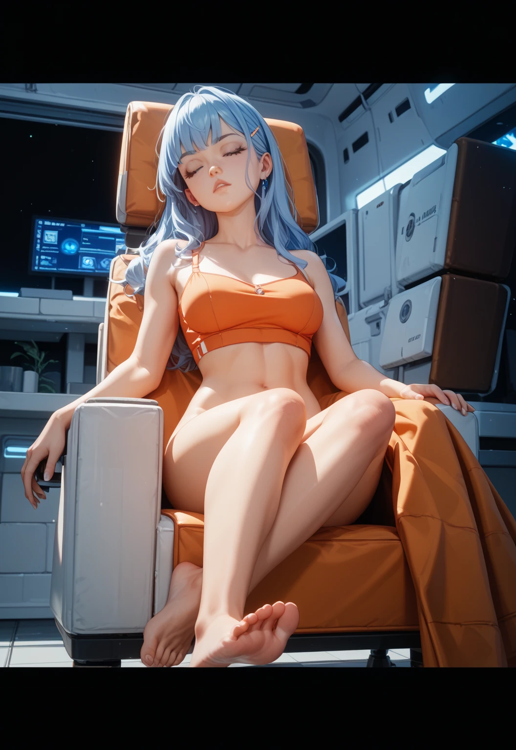 1girl, long white hair, brown skin color, cross legged on coach, big breast, huge butt, watch tv