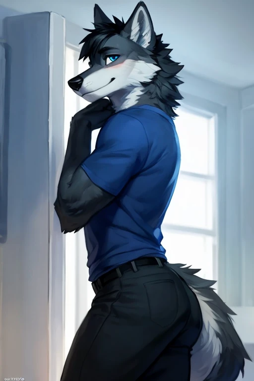 Solo, male, blue spacesuit, bulge, canine, black wolf, black fur, red eyes, glowing eyes, glasses, short hair, bowl cut, swept bangs, nerdy haircut, muscular, by bebebebebe, by spuydjeks, by darkgem, by mystikfox61, by chunie, standing, alleyway, plants