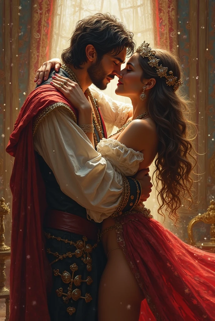 Fantasy illustration of a princess in a red dress, handsome prince, ethereal, detailed, highres, romantic, fantasy, detailed dress, love, intricate details, magical atmosphere,couple, couple, sensual, sultry, kissing